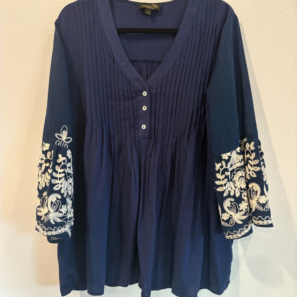 Suzanne Betro Deep Blue Blouse with White Embroidery
